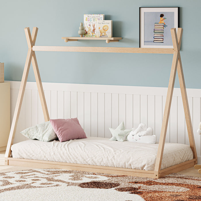 Wood Tent Bed For Kids, Montessori Style Low - Floor Bed, House-Shape Tent Bed Frame