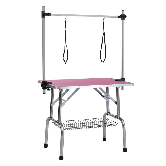 Folding Dog Pet Grooming Table, Stainless Steel Frame Rubber Mat On Board With Adjustable Arm And Clamps Pet Dog Cat Grooming Table - Pink