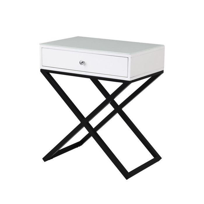 Koda - Wooden End Side Table Nightstand With Glass Top, Drawer And Metal Cross Base