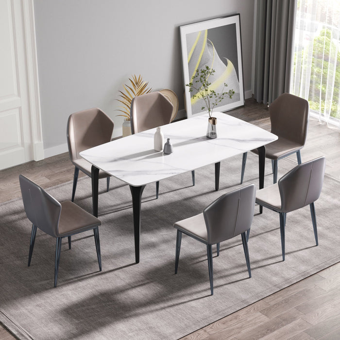 63" Modern Artificial Stone White Curved Black Metal Leg Dining Table, 6 People - White