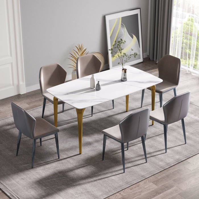 63" Modern Artificial Stone Curved Golden Metal Leg Dining Table, 6 People - White / Gold