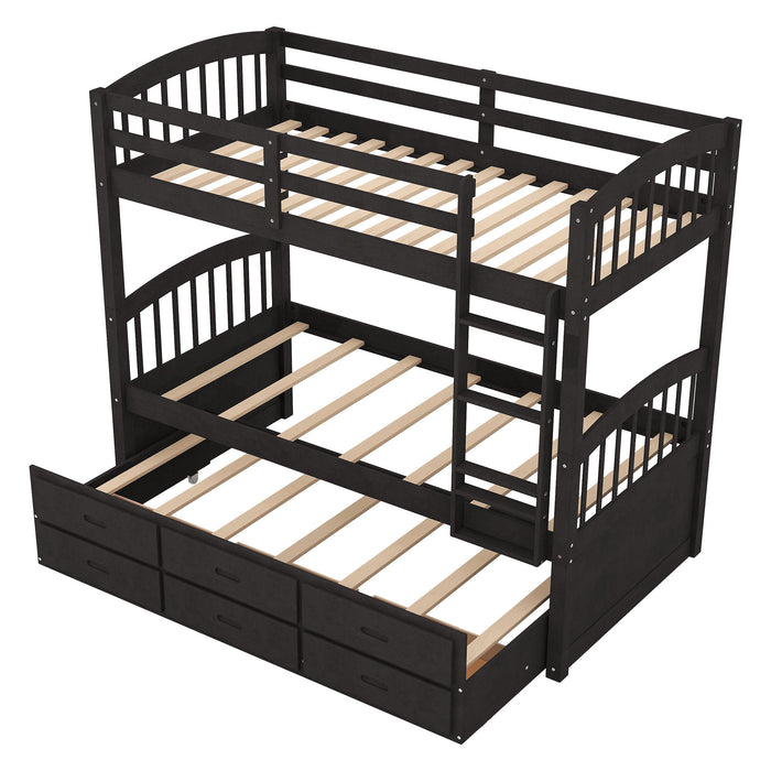 Twin Over Twin Wood Bunk Bed With Trundle And Drawers - Espresso