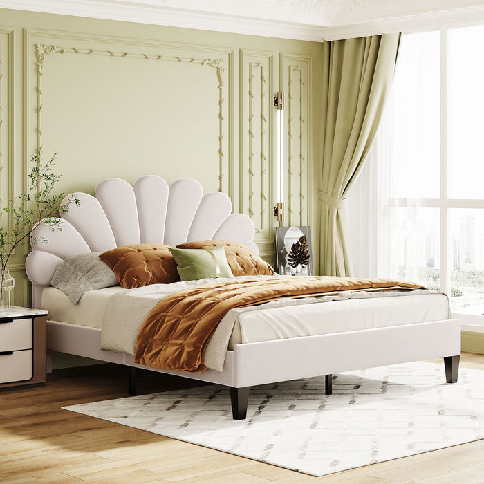 Queen Size Upholstered Platform Bed With Flower Pattern Velvet Headboard - Beige