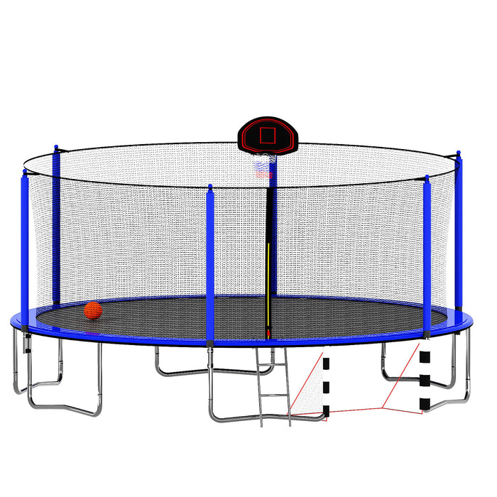 Trampoline With Basketball Hoop Pump And LadderInner Safety Enclosure With Soccer Goal Blue