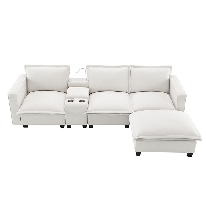 Modern Sectional Cloud Sofa With Console USB Charger Reading Light Cup Holder, Wide Seat 4 Seat Modular Couch Storable Indoor Funiture