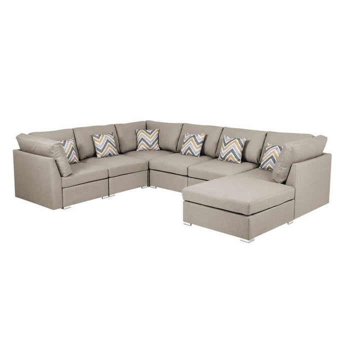 Amira - Reversible Modular Sectional Fabric Sofa With Ottoman And Pillows - Beige