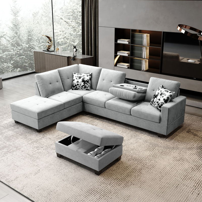 Remi - Velvet Reversible Sectional Sofa With Dropdown Table, Charging Ports, Cupholders, Storage Ottoman, And Pillows