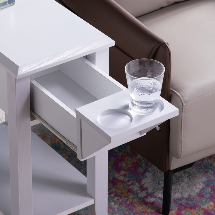 Modern Chairside Table With Two Cup Holders, Display Accent Table - White
