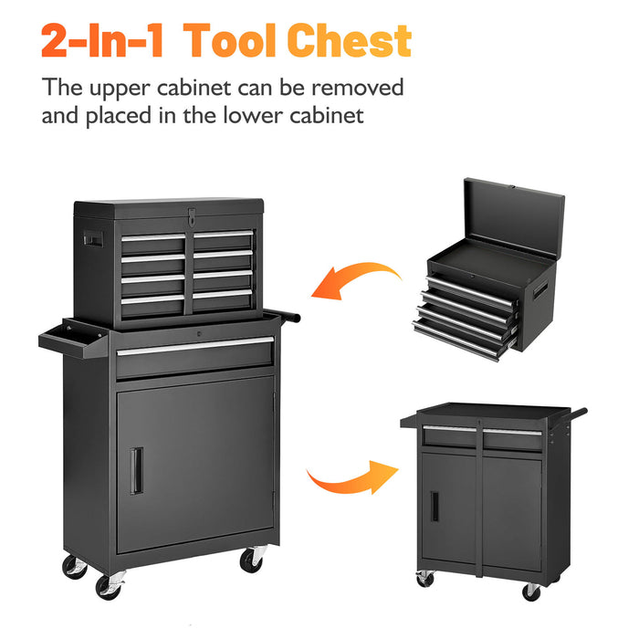 Tool Chest, 5 Drawer Rolling Tool Storage Cabinet With Detachable Top Tool Box, Liner, Universal Lockable Wheels, Adjustable Shelf, Locking Mechanism, Metal Tool Cart For Garage Workshop