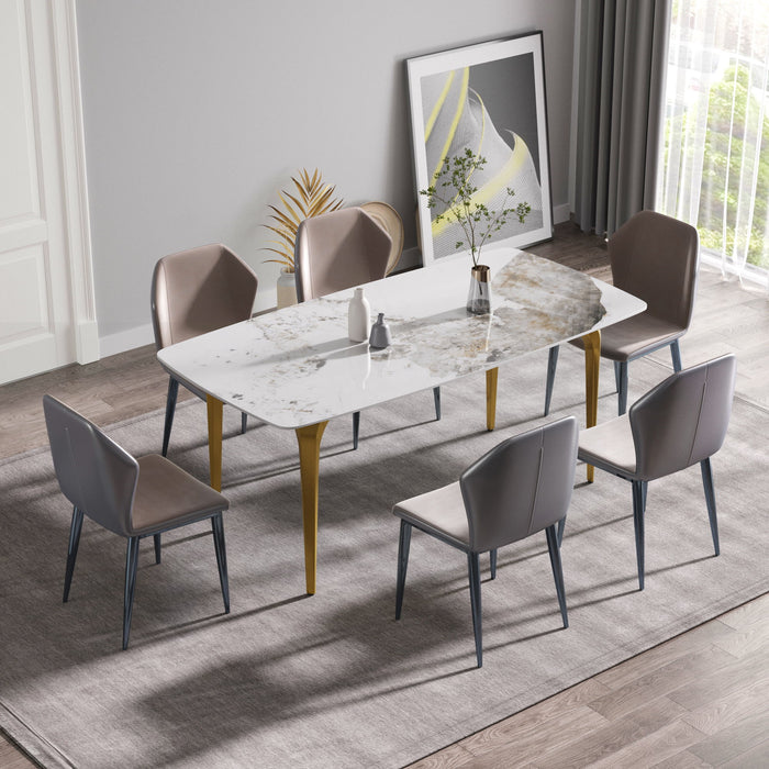 70.87" Modern Artificial Stone Pandora White Curved Golden Metal Leg Dining Table, Can Accommodate 6-8 People - Antique White