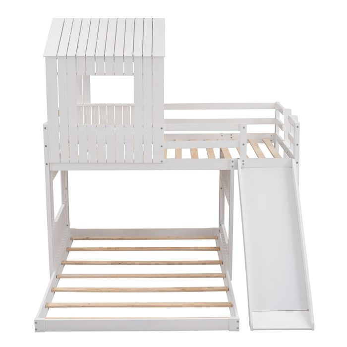 Wooden Twin Over Full Bunk Bed, Loft Bed With Playhouse, Farmhouse, Ladder, Slide And Guardrails - White