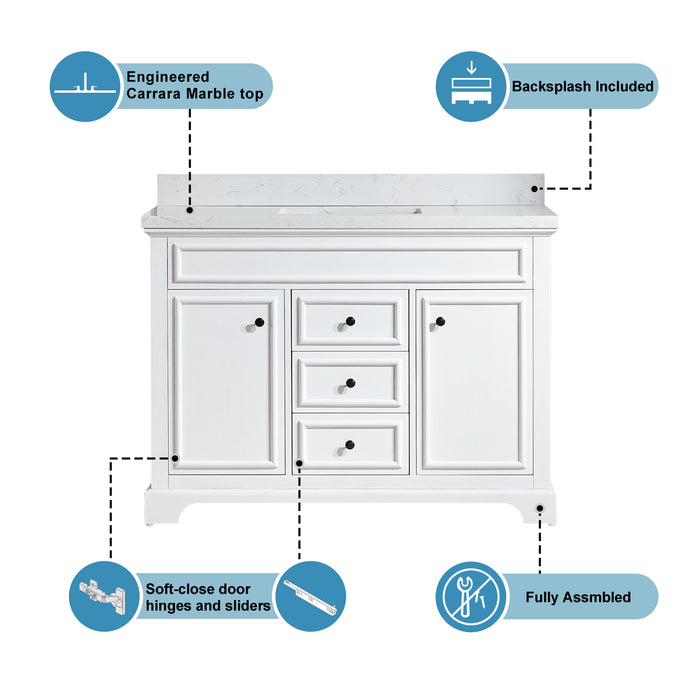 Freestanding Single Bathroom Vanity & Marble Top - White