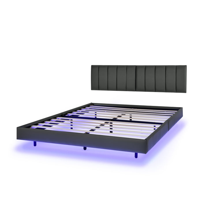 Queen Floating Bed Frame with LED Lights and Wall Mounted Headboard - Grey