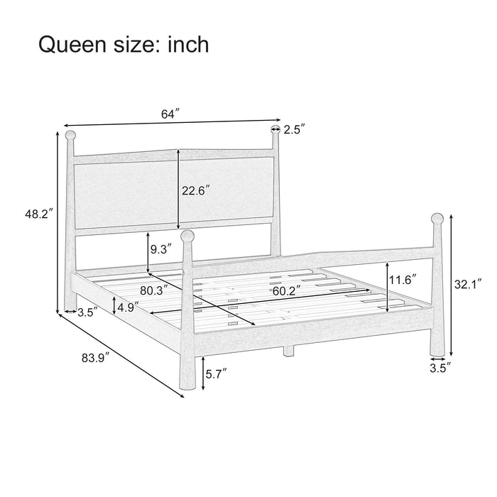 Mid-Century Modern Solid Pine Platform Bed With Upholstered Headboard, No Box Spring Needed
