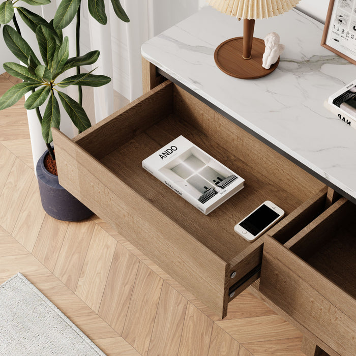 Modern Farmhouse Double Drawers Console Table For Living Room Or Entryway, Tobacco Wood And White Marble Texture