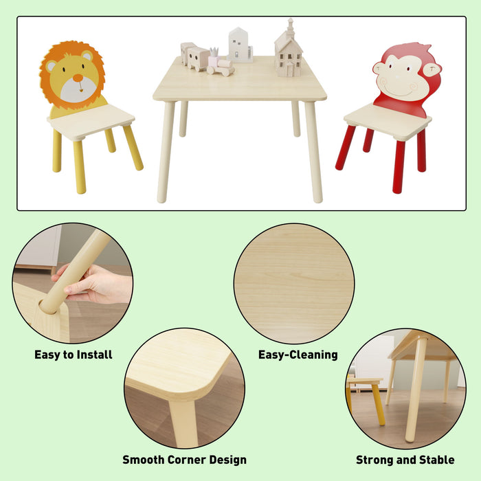 Wooden Activity 3 Pieces Toddler Table And Chair Set (Lion&Monkey) - Beige