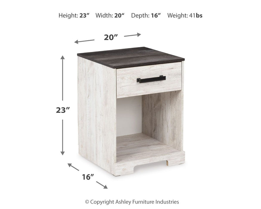Shawburn - Branco / Preto / Cinza - Mesa de cabeceira com uma gaveta - Cubículo aberto