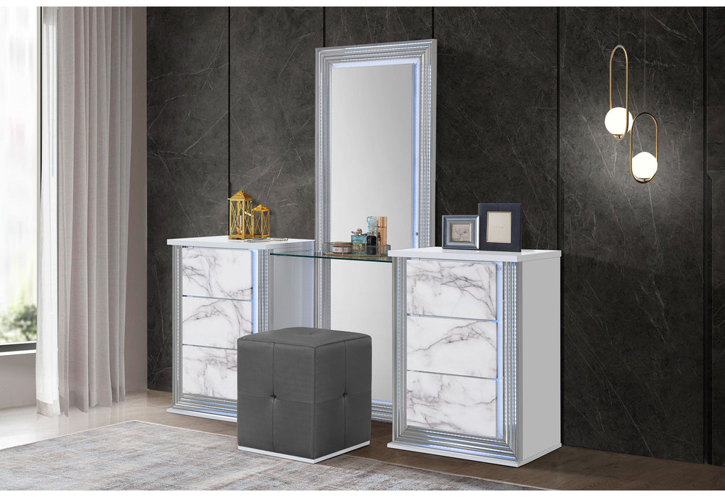 Ylime - 7 Piece Queen Marble Bedroom Set With Vanity Set - White