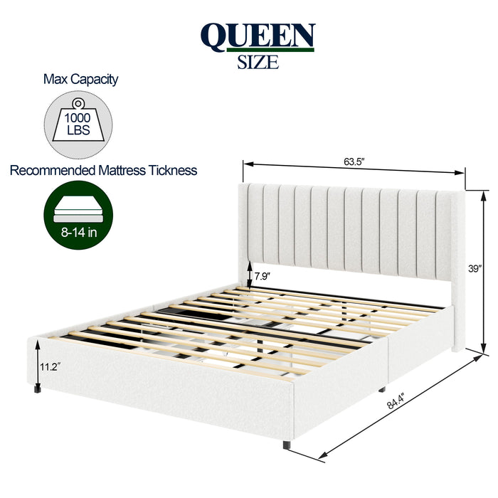 Anda - Queen Boucle Upholstered Platform Bed With Patented 4 Drawers Storage - Ivory