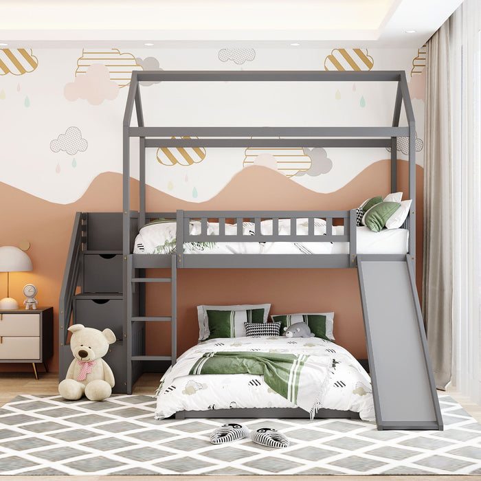 Twin Over Twin Bunk Bed With Two Drawers And Slide, House Bed With Slide - White