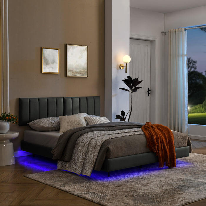 Queen Floating Bed Frame with LED Lights and Wall Mounted Headboard - Grey