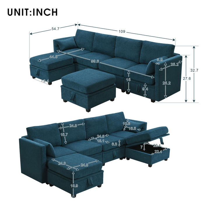 Chenille Modular Sectional Sofa, U Shaped Couch With Adjustable Armrests And Backrests, 6 Seat Reversible Sofa Bed With Storage Seats For Living Room, Apartment