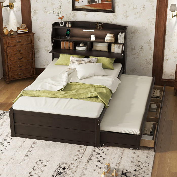 Wooden LED Platform Bed With Trundle, With Storage Headboard, With Drawers