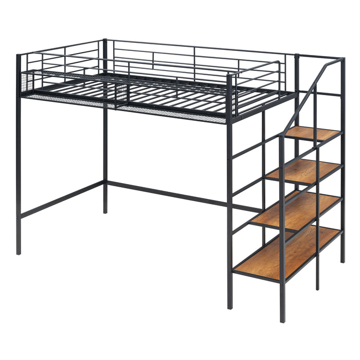 Loft Bed With Upper Grid Storage Shelf And Lateral Storage Ladder