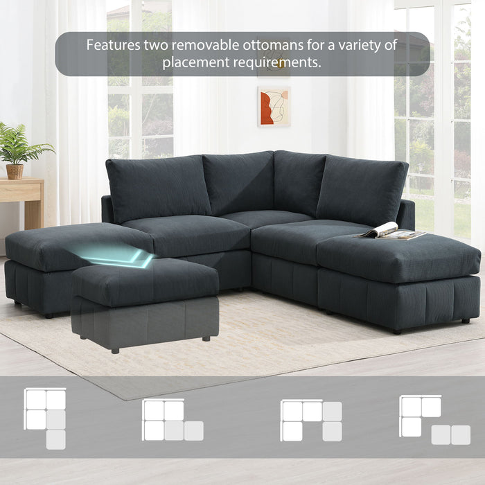 Modern Sectional Sofa With Vertical Stripes, 5 Seat Armless Couch Set With Convertible Ottomans, Various Combinations, L-Shape Indoor Furniture For Living Room