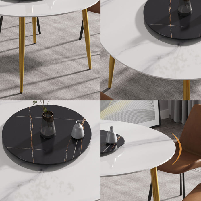 53.15" Modern Artificial Stone Round Golden Metal Dining Table, Can Accommodate 6 People, Artificial Stone Turntable - White / Black