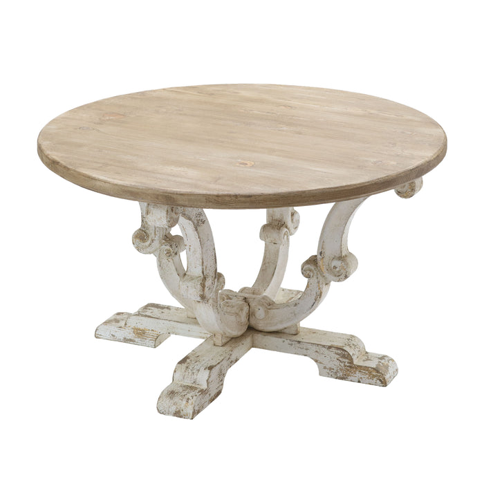 Round Wooden Coffee Table With Distressed Finish And Scrollwork Legs - Multicolor