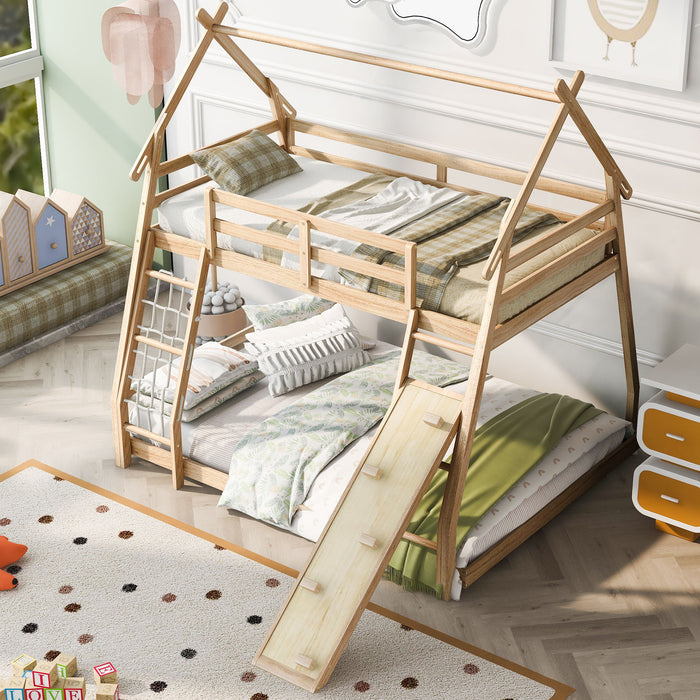 Kids Furniture - House Bunk Bed With Climbing Nets And Climbing Ramp