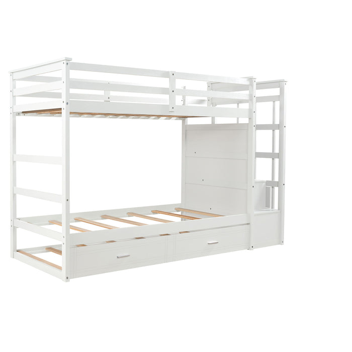 Solid Wood Bunk Bed, Hardwood Twin Over Twin Bunk Bed With Trundle And Staircase - Natural White Finish