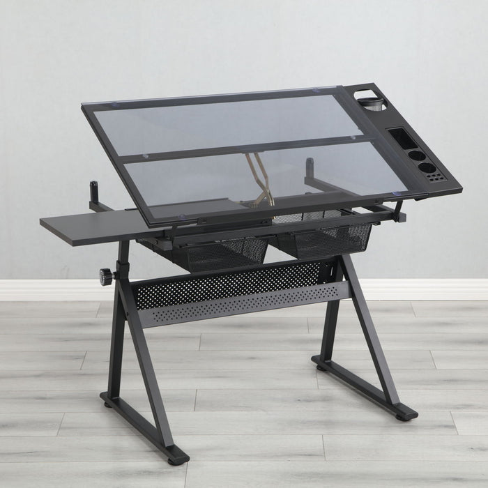 Adjustable Tempered Glass Drafting Printing Table With Chair