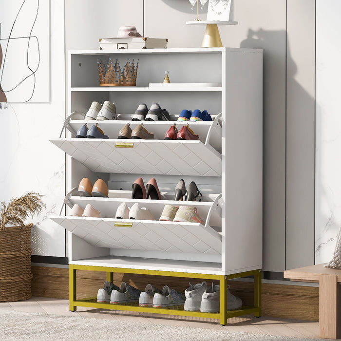 Shoe Cabinet With 2 Flip Drawers, And 2 Shelves, Modern Free Standing Shoe Rack For Heels, Boots, Slippers, Shoe Storage Cabinet For Entryway, Hallway, Living Room