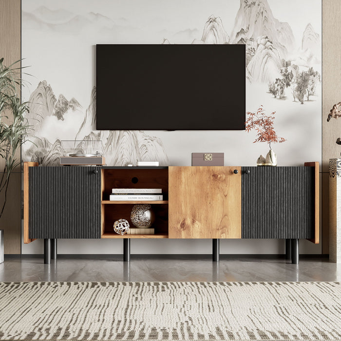 Mid Century TV Stand With 3 Cabinets, Media Console Table For Tvs Up To 70'', Entertainment Center With Storage For Living Room - Black / Brown