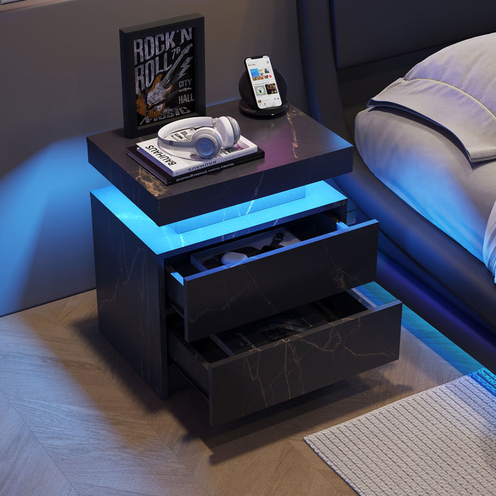 Nightstand LED Bedside Table Cabinet Lights Modern End Side With 2 Drawers For Bedroom