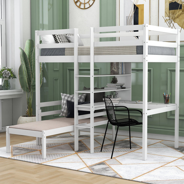 Convertible Loft Bed With L-Shape Desk, Twin Bunk Bed With Shelves And Ladder - White