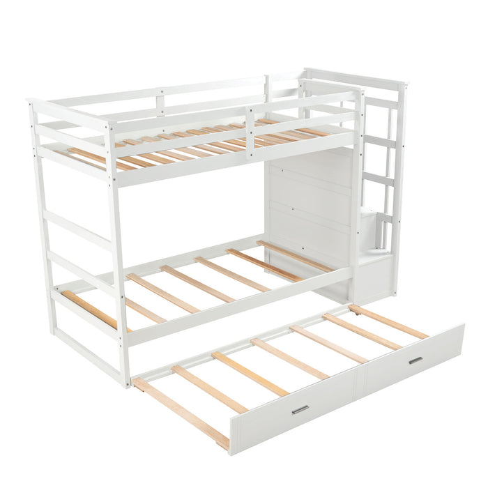 Solid Wood Bunk Bed, Hardwood Twin Over Twin Bunk Bed With Trundle And Staircase - Natural White Finish