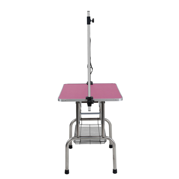 Folding Dog Pet Grooming Table Stainless Steel Frame Rubber Mat On Board, With Adjustable Arm And Clamps Pet Dog Cat Grooming Table - Pink