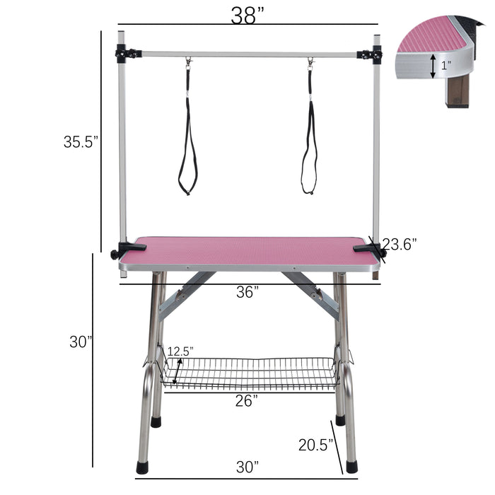 Folding Dog Pet Grooming Table Stainless Steel Frame Rubber Mat On Board, With Adjustable Arm And Clamps Pet Dog Cat Grooming Table - Pink