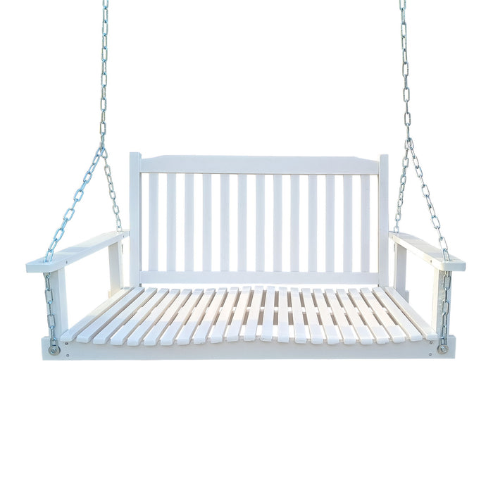 Front Porch Swing With Armrests, Wood Bench Swing With Hanging Chains, For Outdoor Patio, Garden Yard - White