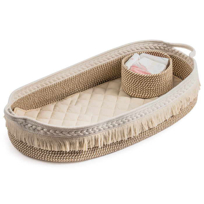Baby Changing Basket, Handmade Woven Cotton Rope Moses Basket, Changing Table Top per With Mattress Pad (White & Brown)