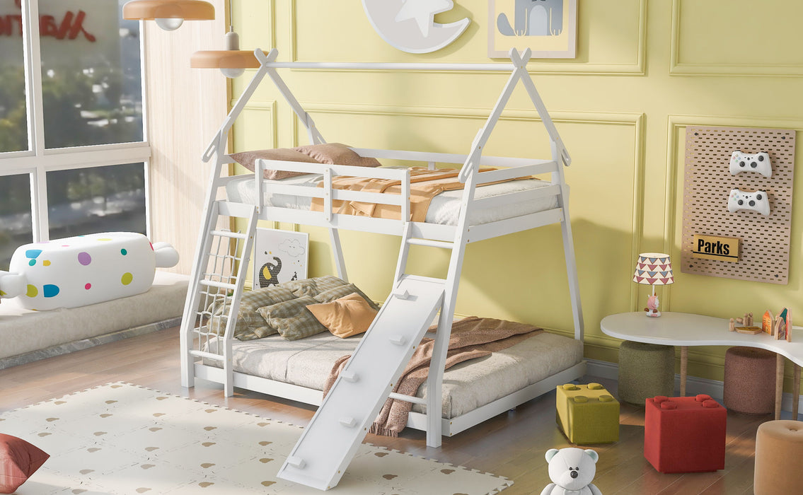 Kids Furniture - House Bunk Bed With Climbing Nets And Climbing Ramp