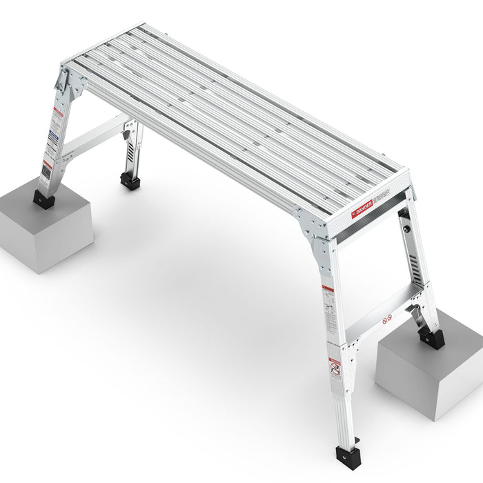 Aluminum Work Platform Large Size Step Stool Folding Portable Work Bench 40" Width Telescopic Feet Height Adjustable - Gray