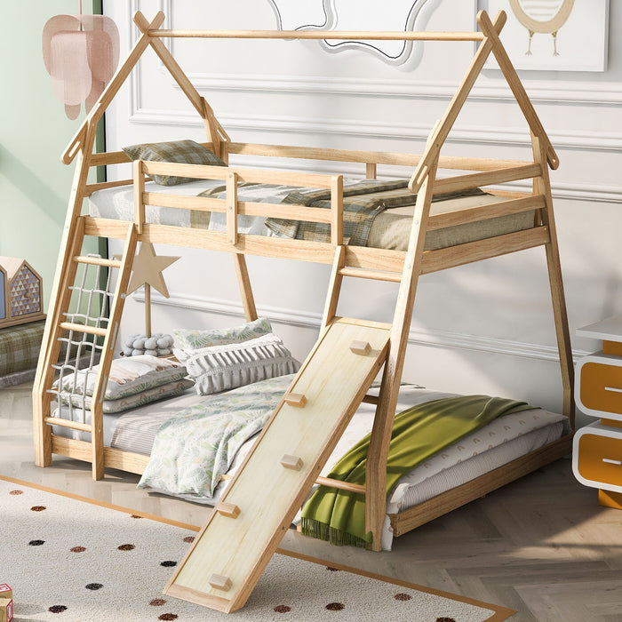 Kids Furniture - House Bunk Bed With Climbing Nets And Climbing Ramp