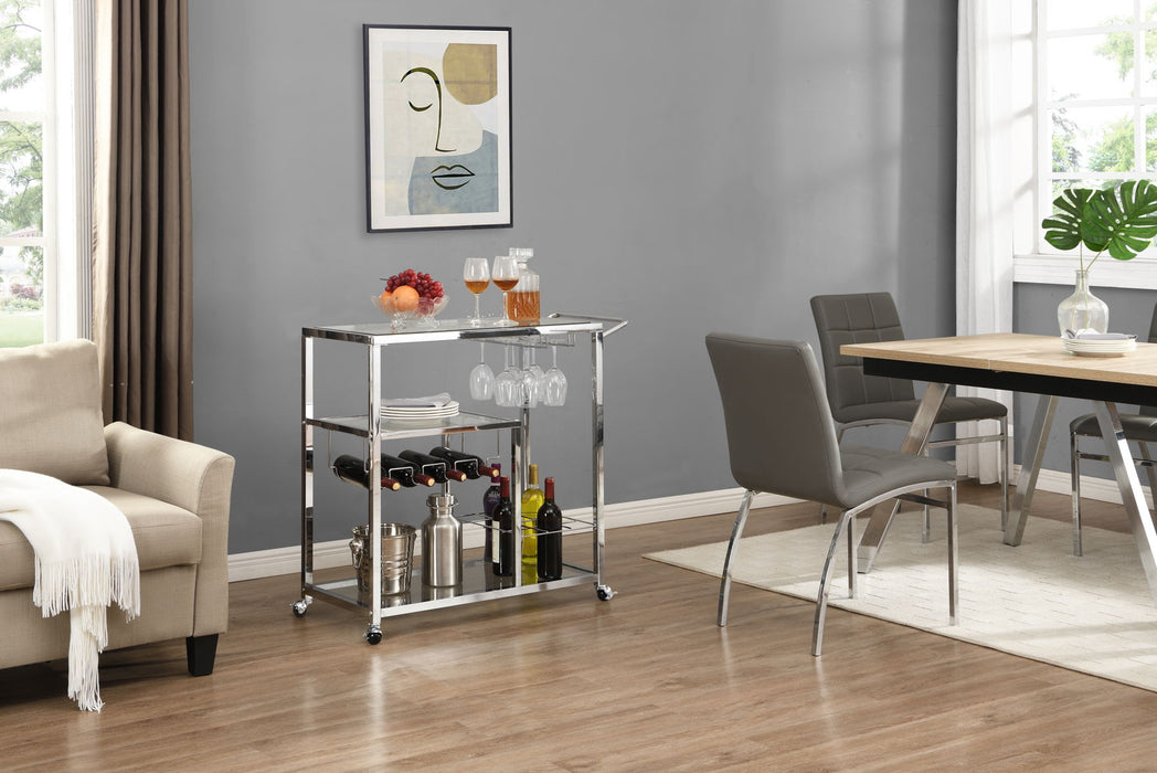 Contemporary Chrome Bar Serving Cart Tempered Glass Metal Frame Wine Storage (Silver) - Silver