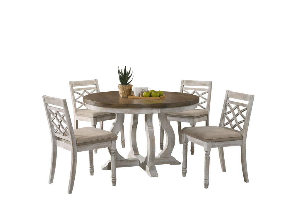 Havanna - 5 Piece Wide Contemporary Round Dining Table With Off White Fabric Chairs (Set of 5) - Vintage Walnut