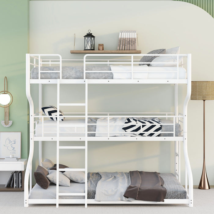 Full Long Over Twin Long Over Queen, Triple Bunk Bed With Long And Short Ladder - White