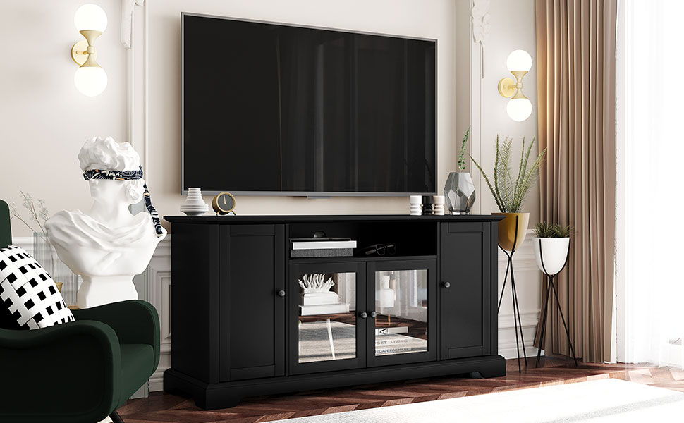 TV Stand For TV Up To 65In With 2 Tempered Glass Doors Adjustable Panels Open Style Cabinet, Sideboard For Living Room